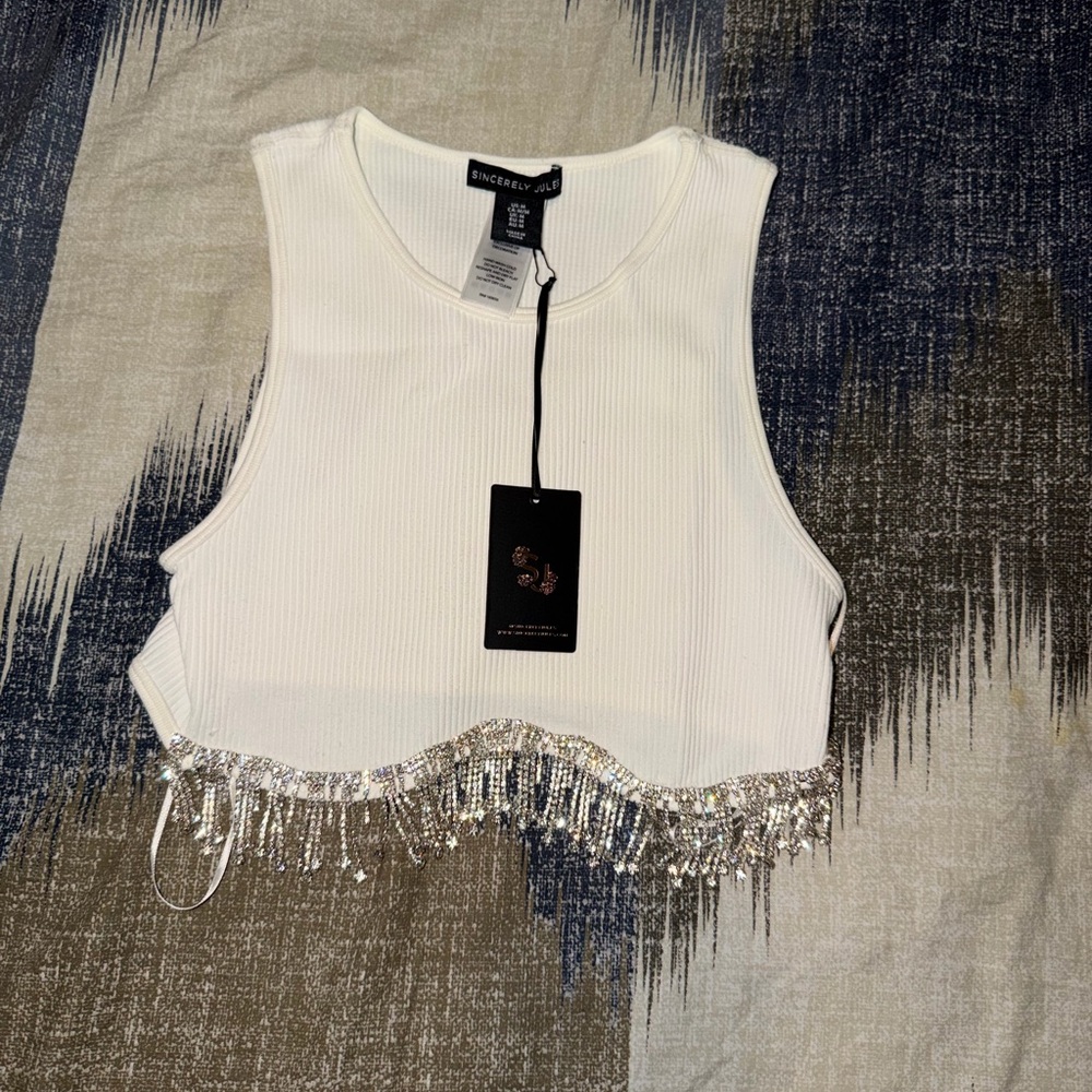 Sincerely Jules White Crop Top with Silver Fringe